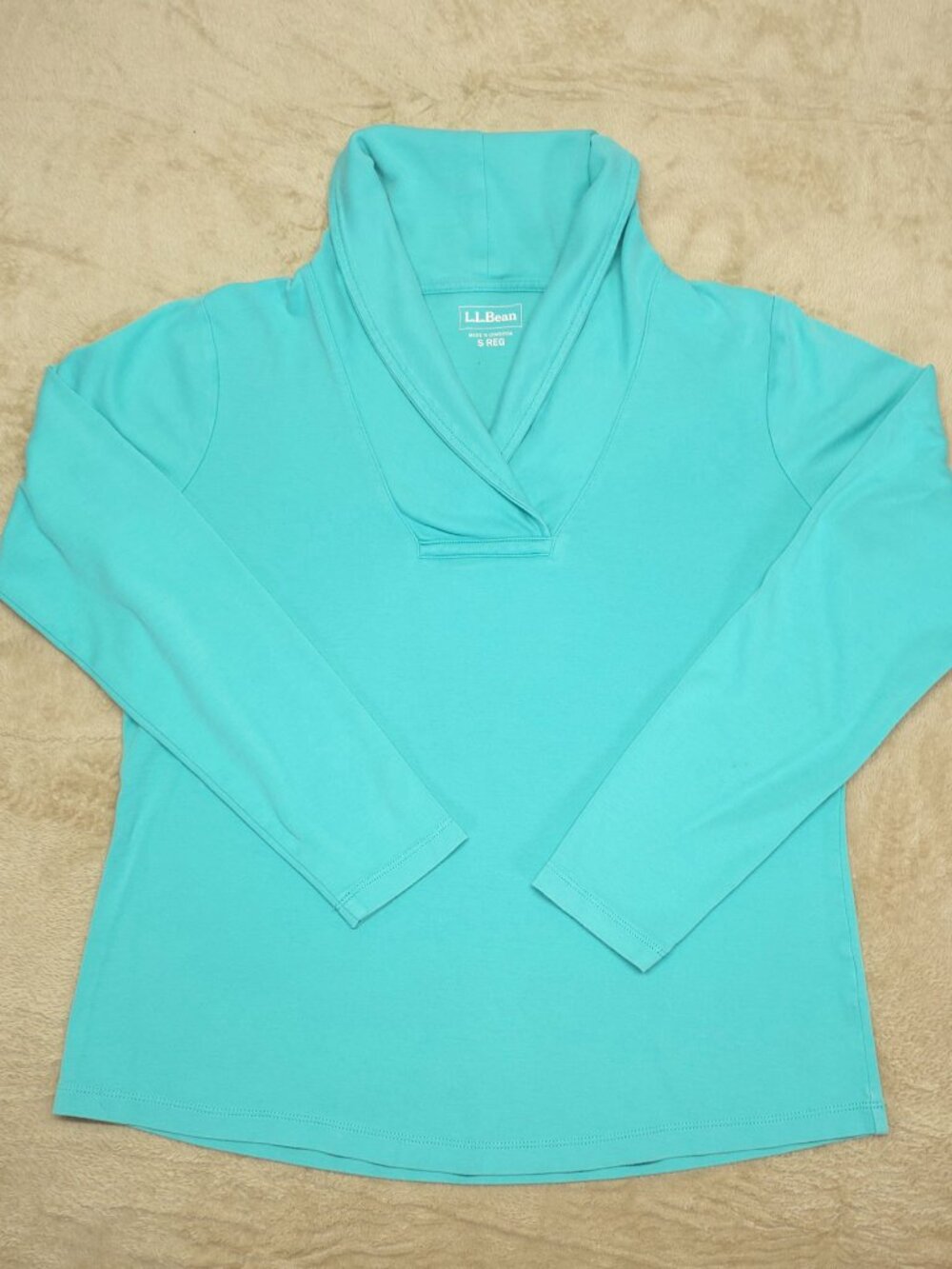 L.L. Bean Aqua Shawl Neck Long Sleeve Cotton Top Small